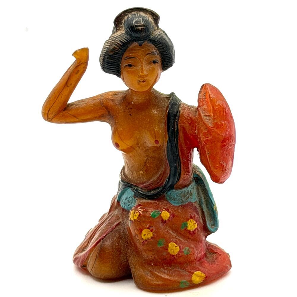 Vintage 60s Orange Blue Hand Painted Floral Kimono Geisha Resin Figurine